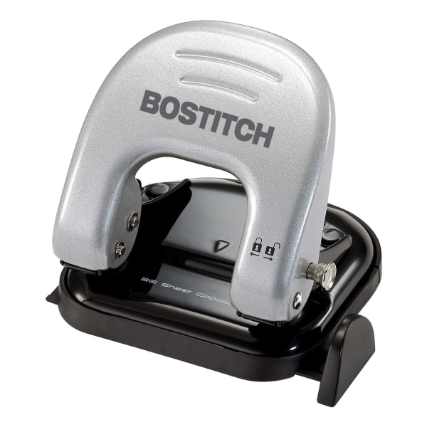 slide 1 of 6, BOSTITCH Ez Squeeze Two-Hole Punch, 20 Sheet Capacity, Black/Gray, 1 ct