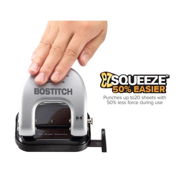slide 3 of 10, BOSTITCH Ez Squeeze Two-Hole Punch, 20 Sheet Capacity, Black/Gray, 1 ct
