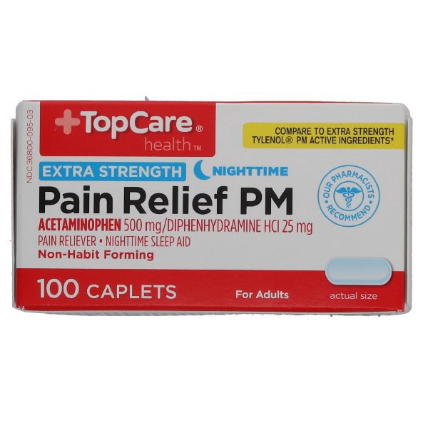 slide 1 of 9, TopCare Health Nighttime Extra Strength Pain Relief PM 100 Caplets, 100 ct