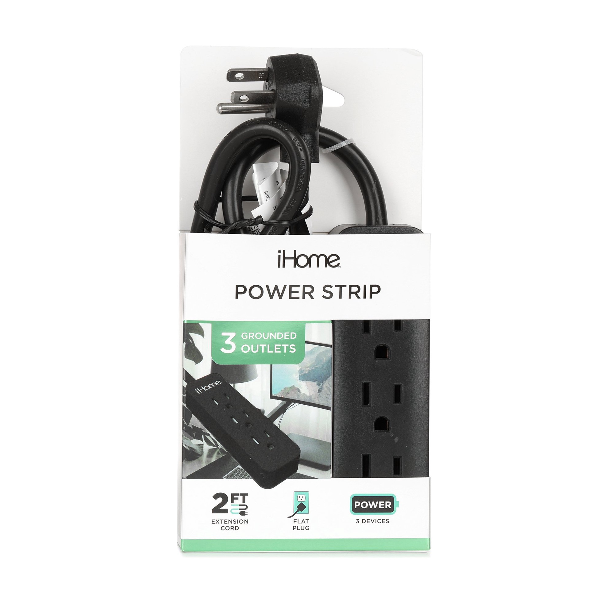 slide 1 of 1, iHome 3-Outlet Power Strip - Black, 2 ft