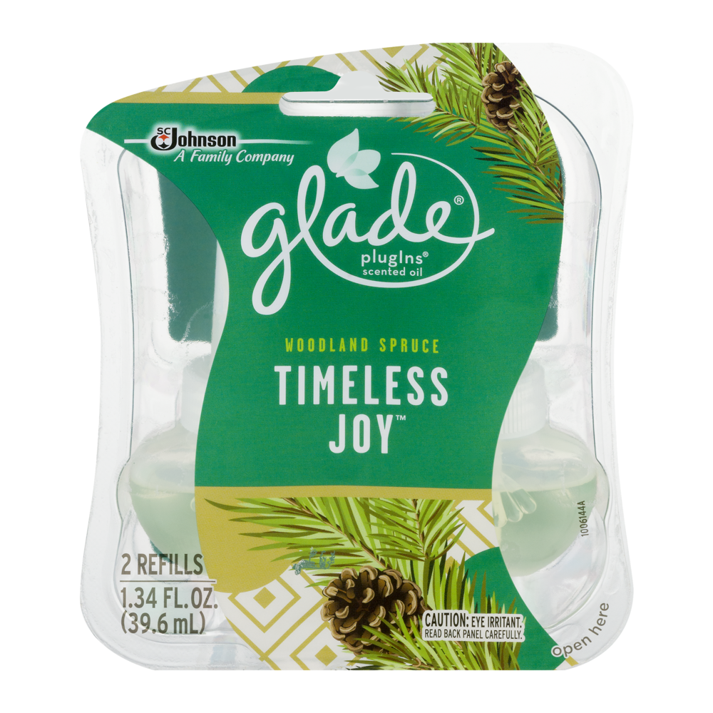 slide 1 of 1, Glade Plugins Scented Oil Woodland Spruce Timeless Joy Refills, 2 ct; 1.34 fl oz