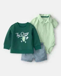 Carter's Baby Boy 3-Piece Pickleball Sweatshirt, Bodysuit & Short Set - Green NB