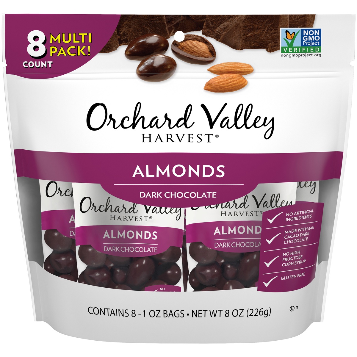 slide 1 of 8, Orchard Valley Harvest Dark Chocolate Almonds, 8 ct; 1 fl oz