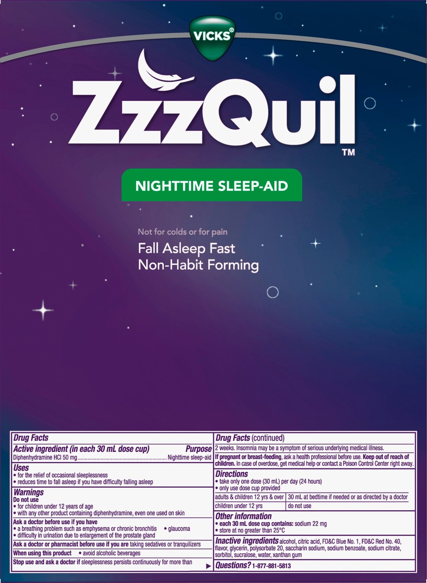 slide 3 of 3, ZzzQuil Vicks ZzzQuil Nighttime Sleep Aid, Calming Vanilla Cherry Liquid, 2x12 oz, 2 ct