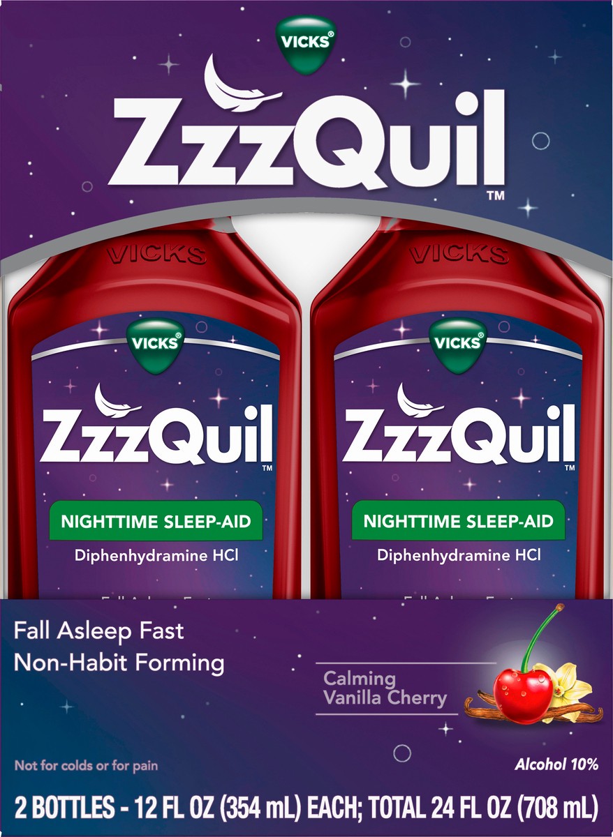 slide 2 of 3, ZzzQuil Vicks ZzzQuil Nighttime Sleep Aid, Calming Vanilla Cherry Liquid, 2x12 oz, 2 ct