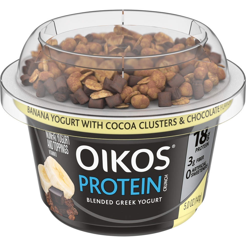 slide 1 of 1, Oikos Yogurt & Toppings, Greek, Nonfat, Banana with Cocoa Clusters & Chocolate Flavor, 5 oz