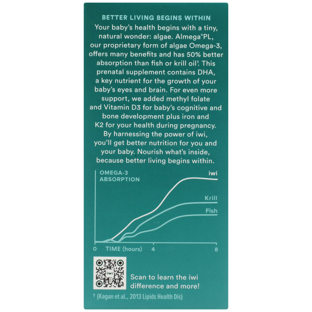 slide 4 of 6, Iwi Algae-Based Prenatal Omega-3 + Complete Multivitamin, 60 ct