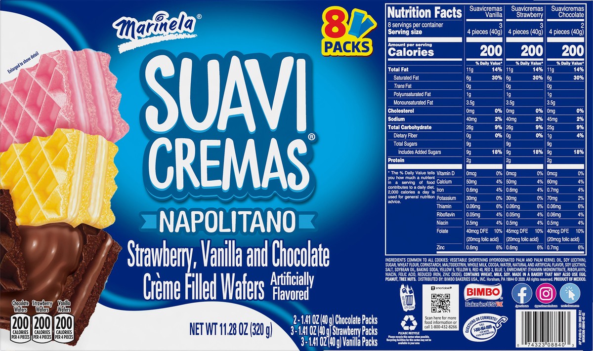 slide 7 of 9, Marinela Suavicremas Napolitano Crème Filled Wafer Cookies, 8 count, 11.28 oz, 32 ct