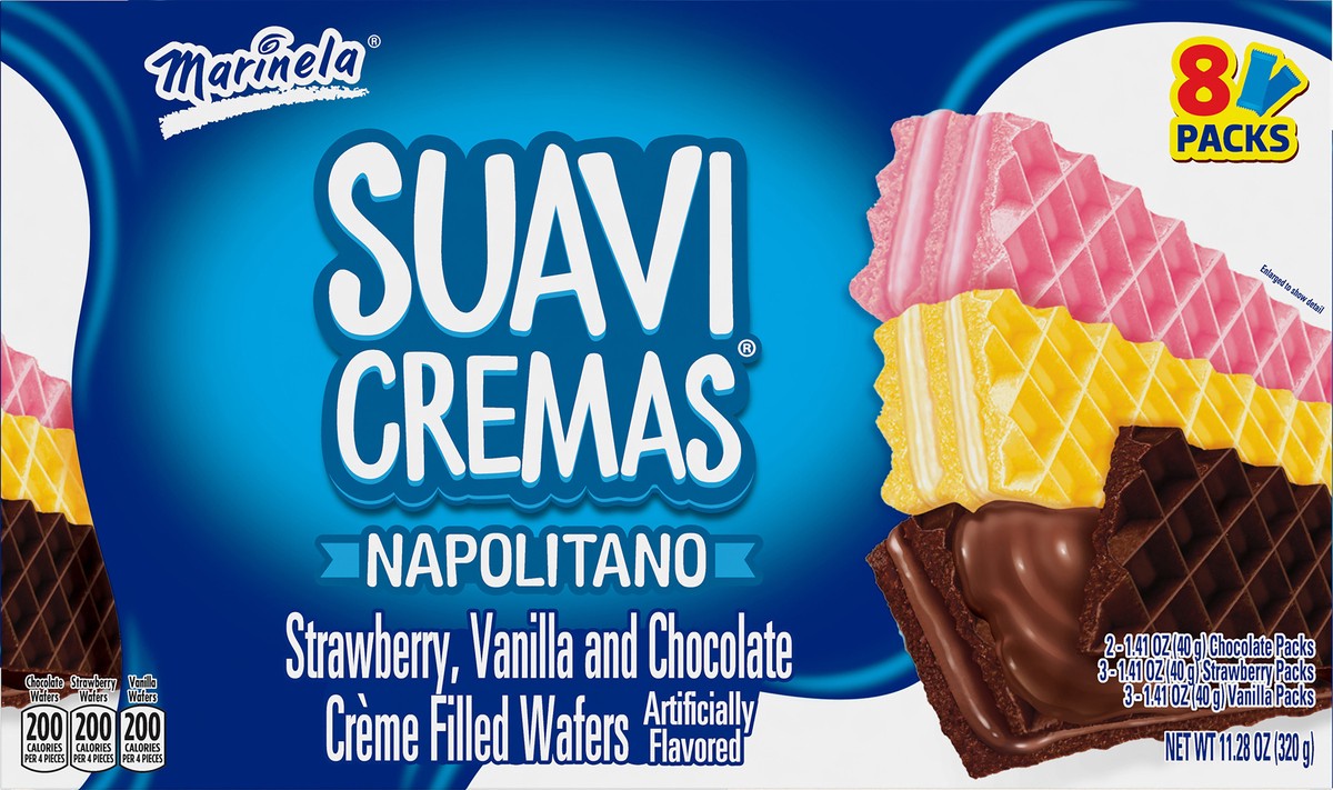 slide 3 of 9, Marinela Suavicremas Napolitano Crème Filled Wafer Cookies, 8 count, 11.28 oz, 32 ct