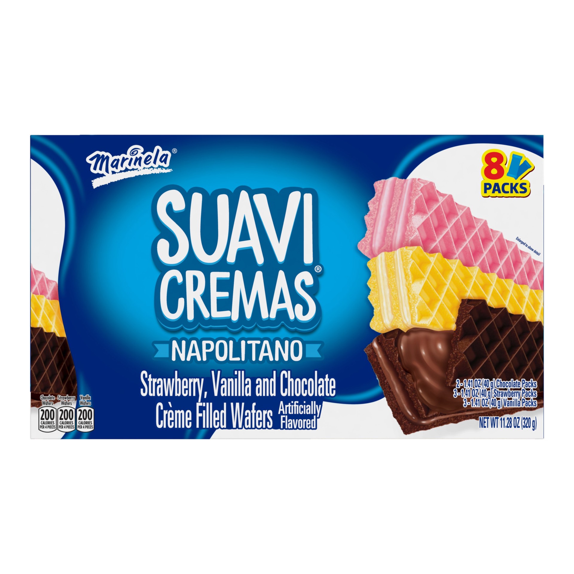 slide 1 of 9, Marinela Suavicremas Napolitano Crème Filled Wafer Cookies, 8 count, 11.28 oz, 32 ct