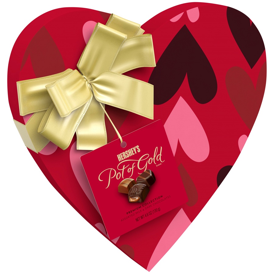 slide 1 of 3, Hershey's Pot of Gold Valentine's Assorted Milk And Dark Chocolate Premium Collection Heart Box, 4.6 oz