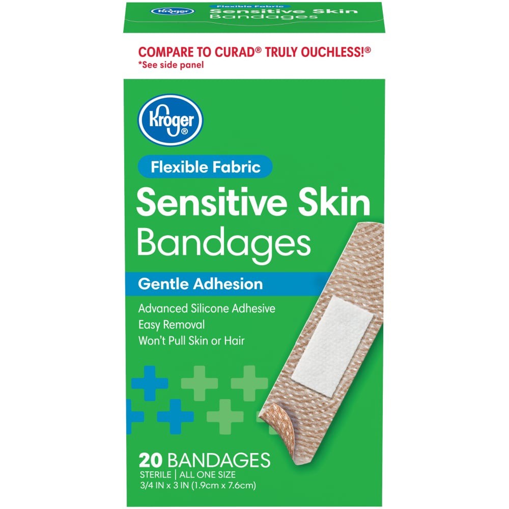 slide 1 of 6, Kroger Flexible Fabric Sensitive Skin Bandages, 20 ct