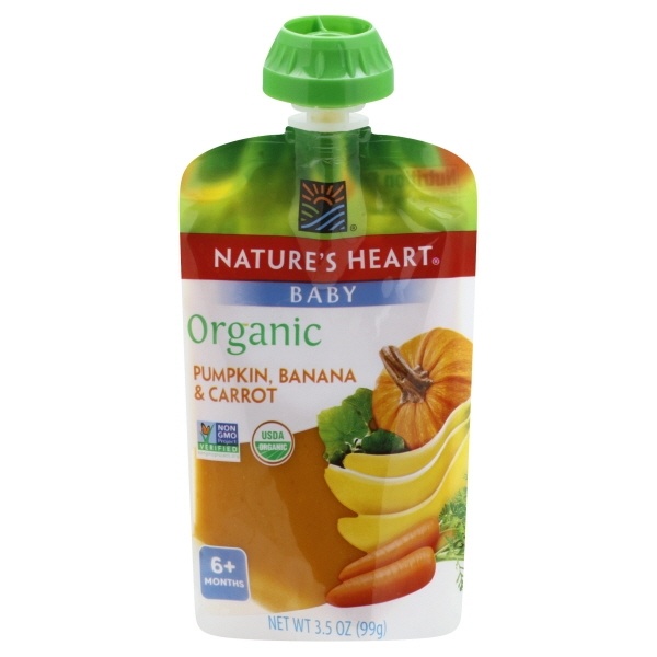 slide 1 of 1, Nature's Heart Organic Pumpkin Banana & Carrot Baby Food Pouch, 3.5 oz