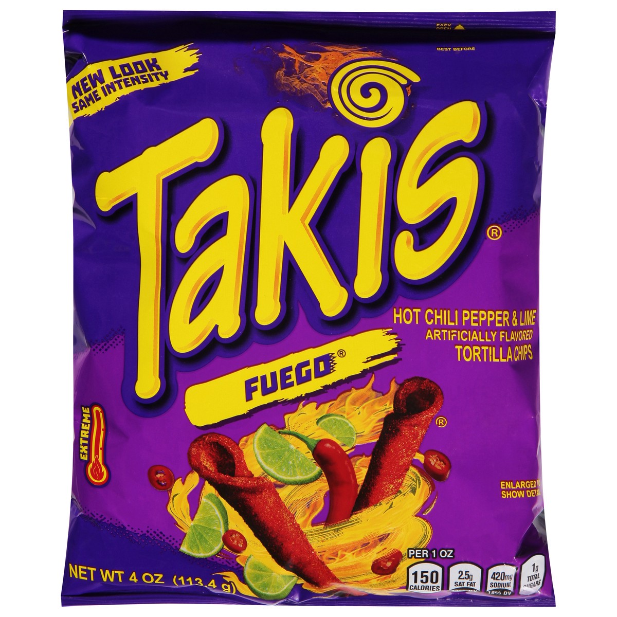 slide 1 of 9, Takis Fuego 4 oz Snack Size Bag, Hot Chili Pepper & Lime Flavored Extreme Spicy Rolled Tortilla Chips, 4 oz