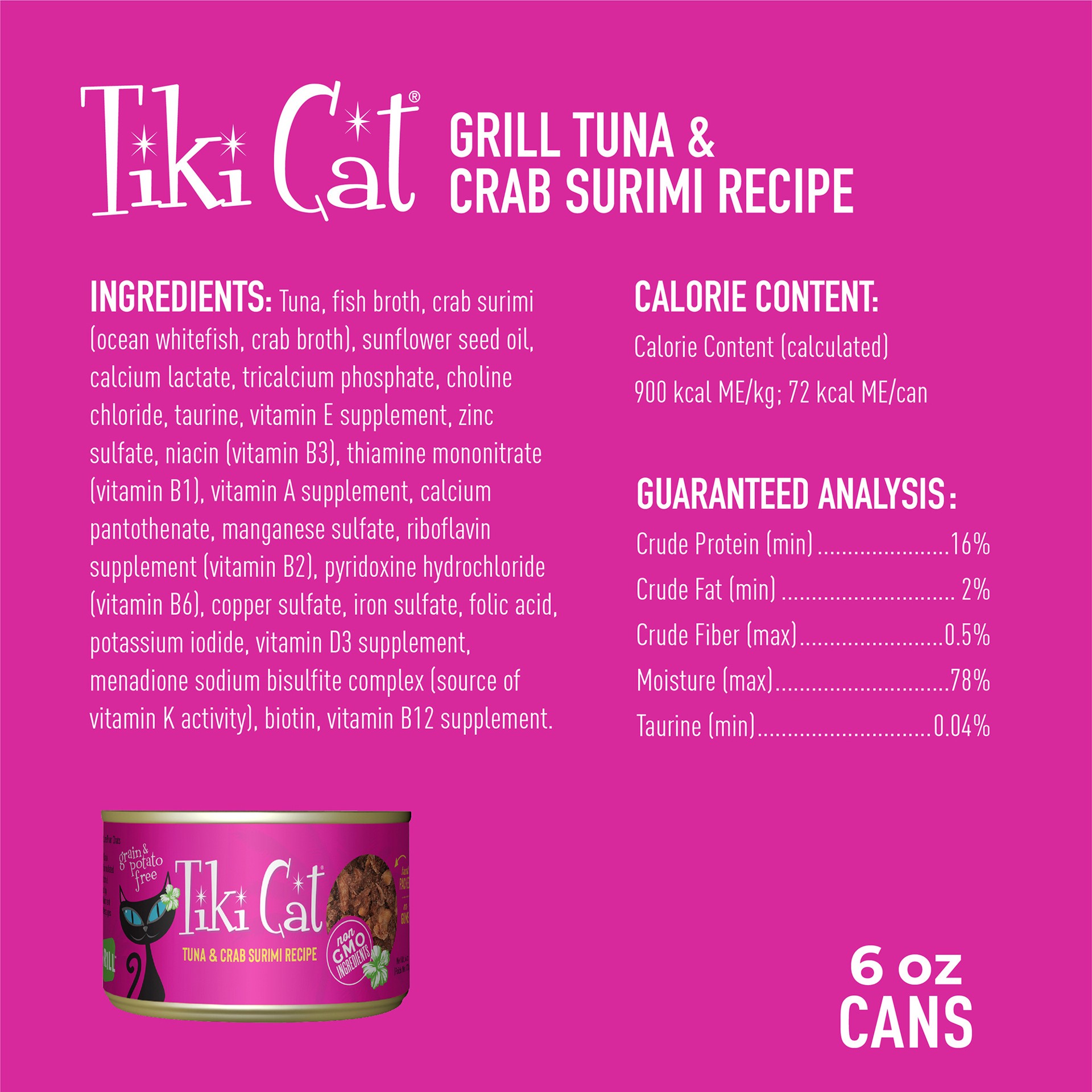slide 2 of 8, Tiki Cat Grill Wet Cat Food, Tuna & Crab Surimi, 6 oz. Can (8 Count), 6 oz