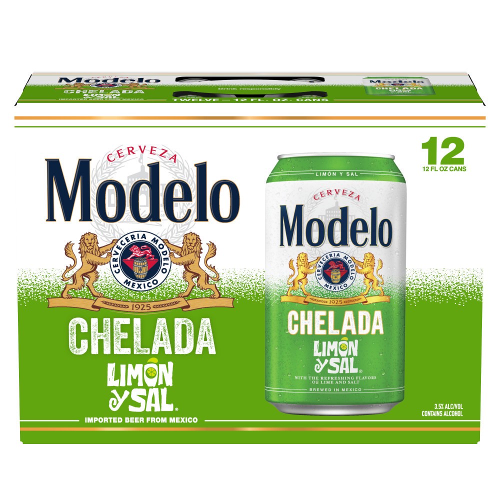 slide 1 of 12, Modelo Chelada Limón y Sal Mexican Import Flavored Beer, 12 pk 12 fl oz Cans, 3.5% ABV, 144 fl oz