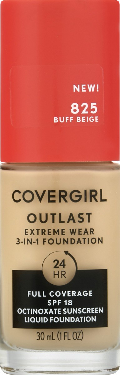 slide 10 of 12, Covergirl Outlast Extreme Wear 3-in-1 Full Coverage Liquid Foundation, SPF 18 Sunscreen, Buff Beige, 1 Fl. Oz., 30 ml