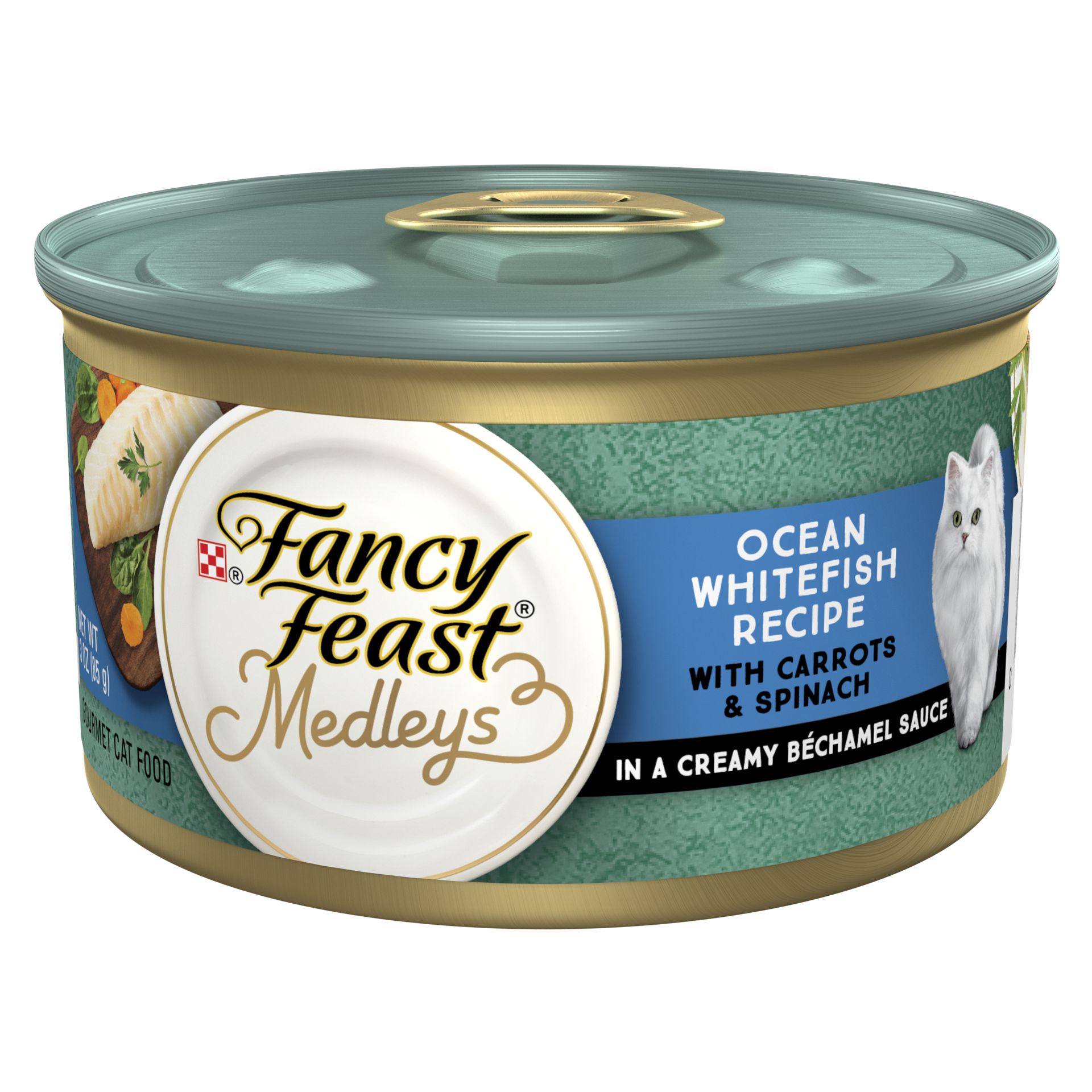 slide 1 of 1, Fancy Feast Purina Fancy Feast Medleys Ocean Whitefish with Carrots and Spinach in Cheesy Bechamel Sauce  - 3 oz. Can, 