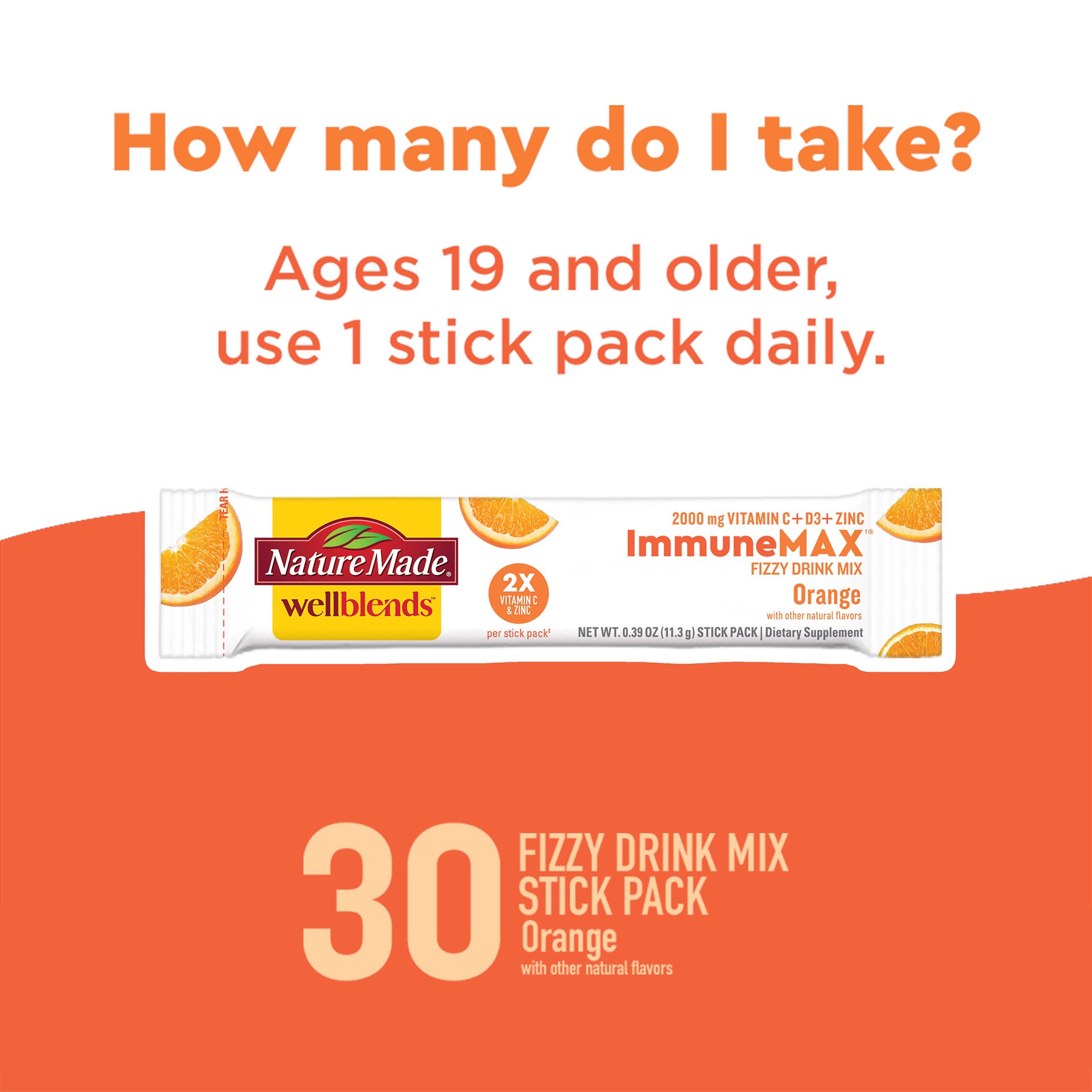 slide 3 of 6, Nature Made Wellblends ImmuneMAX Fizzy Drink Mix, Vitamin C 1500mg, Zinc 15 mg, Vitamin D3 1000 IU (25 mcg), plus B Vitamins and Electrolytes Hydration Blend, 30 Stick Packs, 90 ct; 500 mg