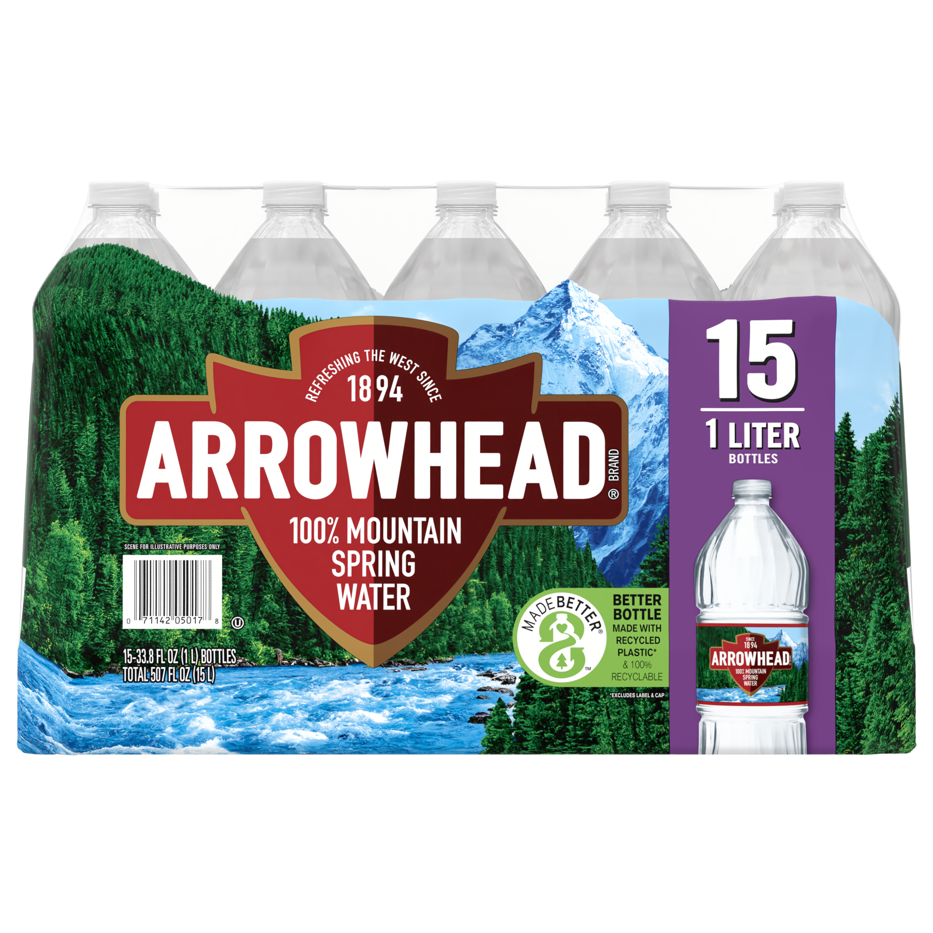 slide 1 of 4, ARROWHEAD Brand 100% Mountain Spring Water, 33.8-ounce plastic bottles (Pack of 15), 15 ct; 1 liter