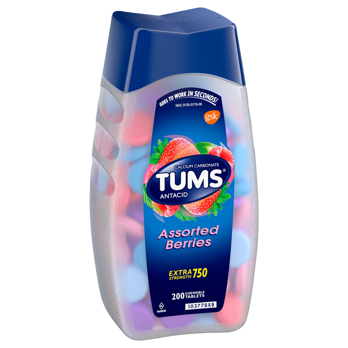 slide 2 of 9, TUMS Chewable Antacid Tablets for Extra Strength Heartburn Relief, Assorted Berries Flavors - 200 Count, 200 ct