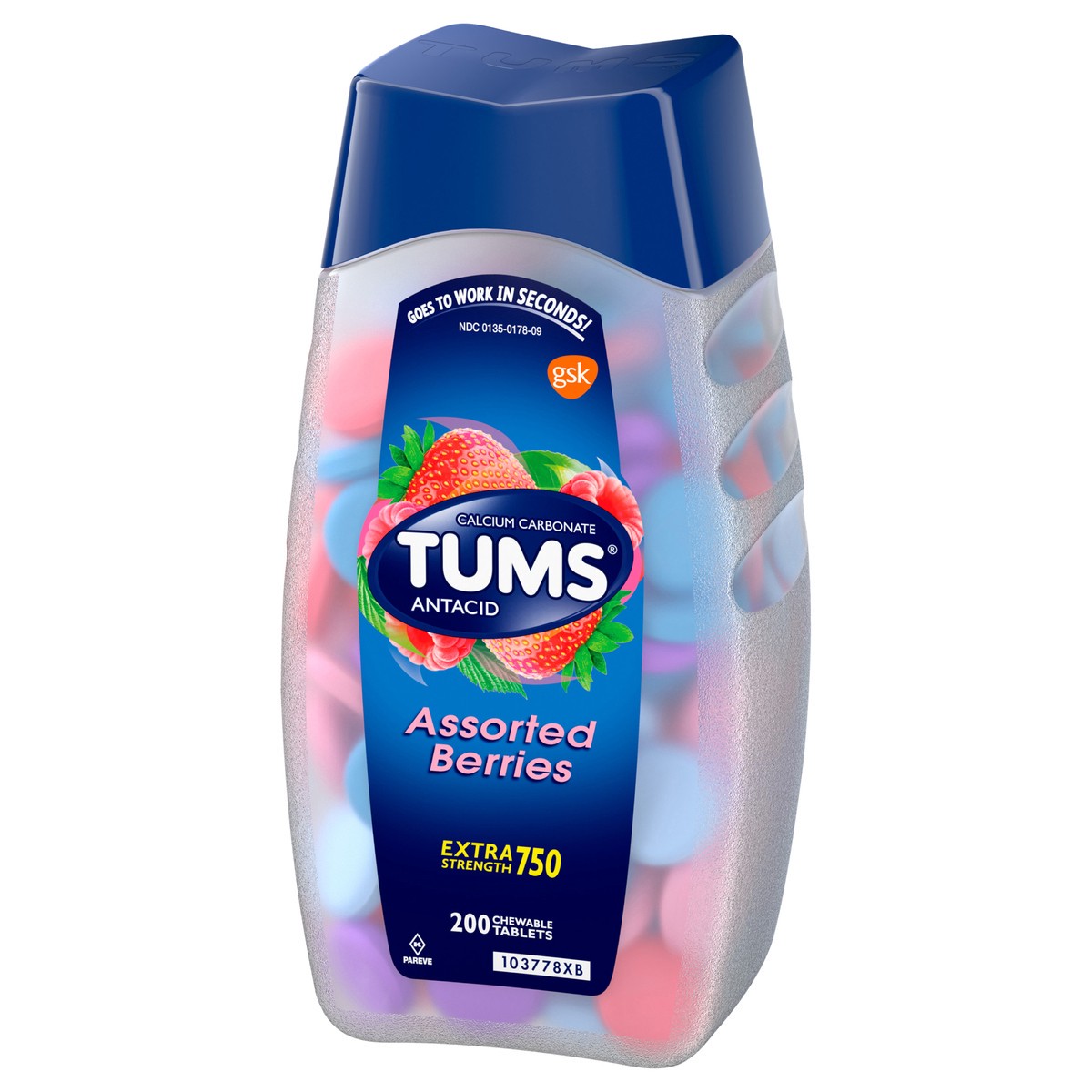 slide 3 of 9, TUMS Chewable Antacid Tablets for Extra Strength Heartburn Relief, Assorted Berries Flavors - 200 Count, 200 ct