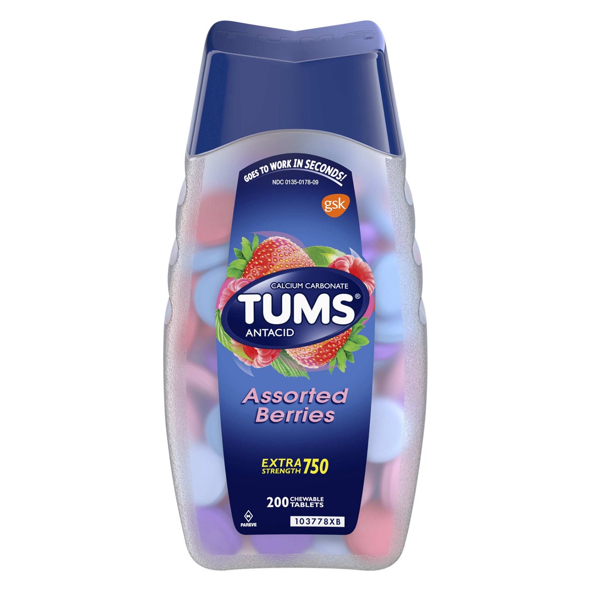 slide 5 of 9, TUMS Chewable Antacid Tablets for Extra Strength Heartburn Relief, Assorted Berries Flavors - 200 Count, 200 ct