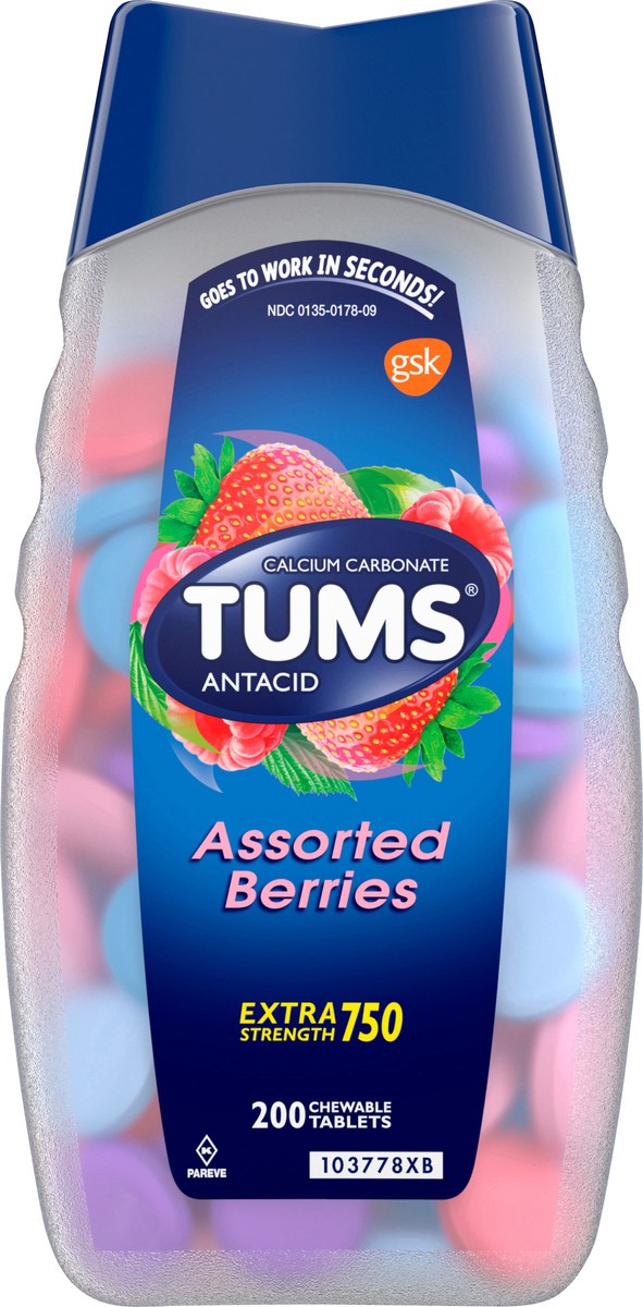 slide 7 of 9, TUMS Chewable Antacid Tablets for Extra Strength Heartburn Relief, Assorted Berries Flavors - 200 Count, 200 ct