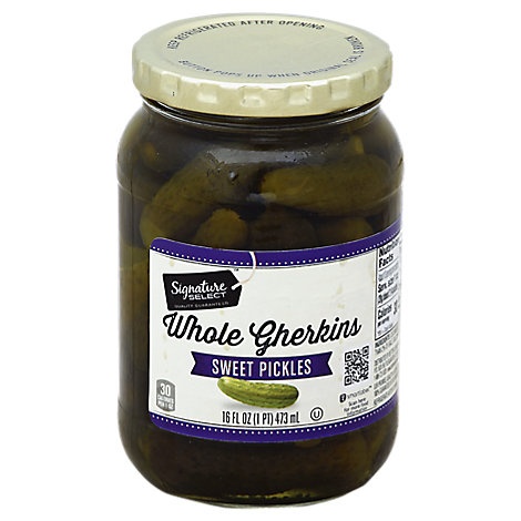 slide 1 of 1, Signature Select Pickles Sweet Whole Gherkins, 16 fl oz