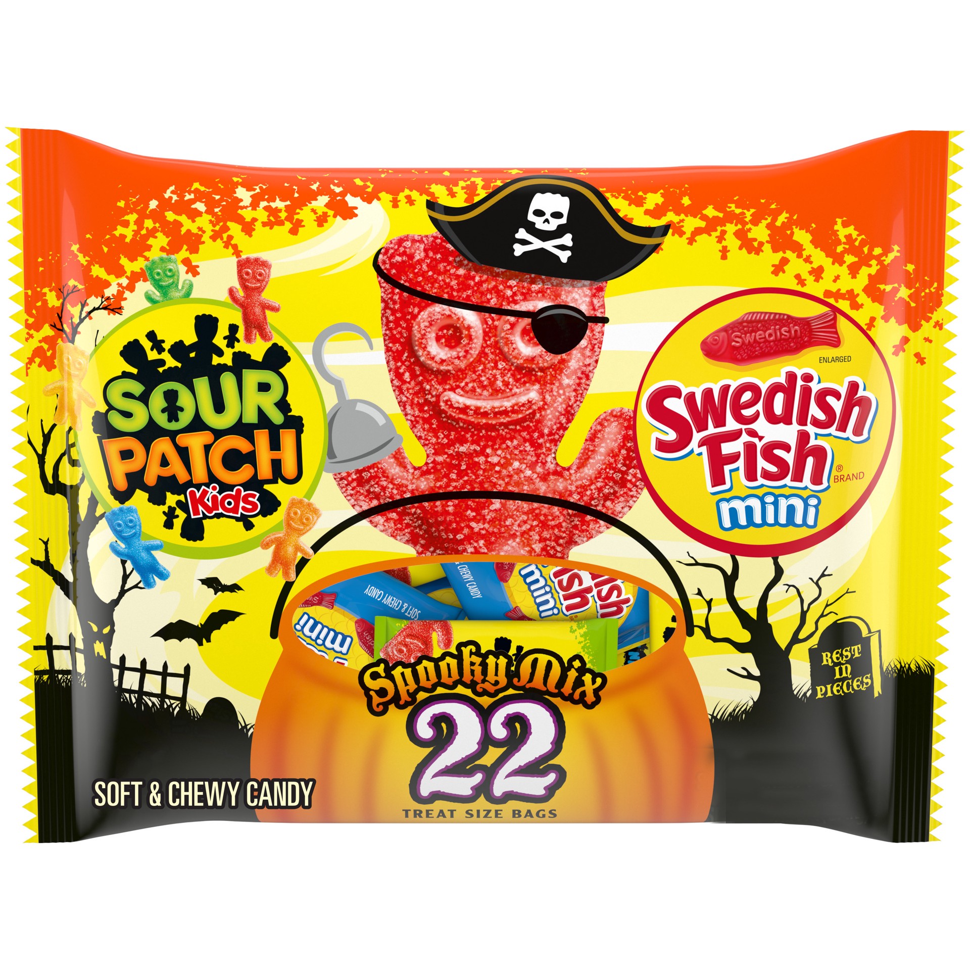 slide 1 of 9, Sour Patch/Swedish Fish Red SOUR PATCH KIDS & SWEDISH FISH Mini Halloween Candy Variety Pack, 22 Trick or Treat Bags,