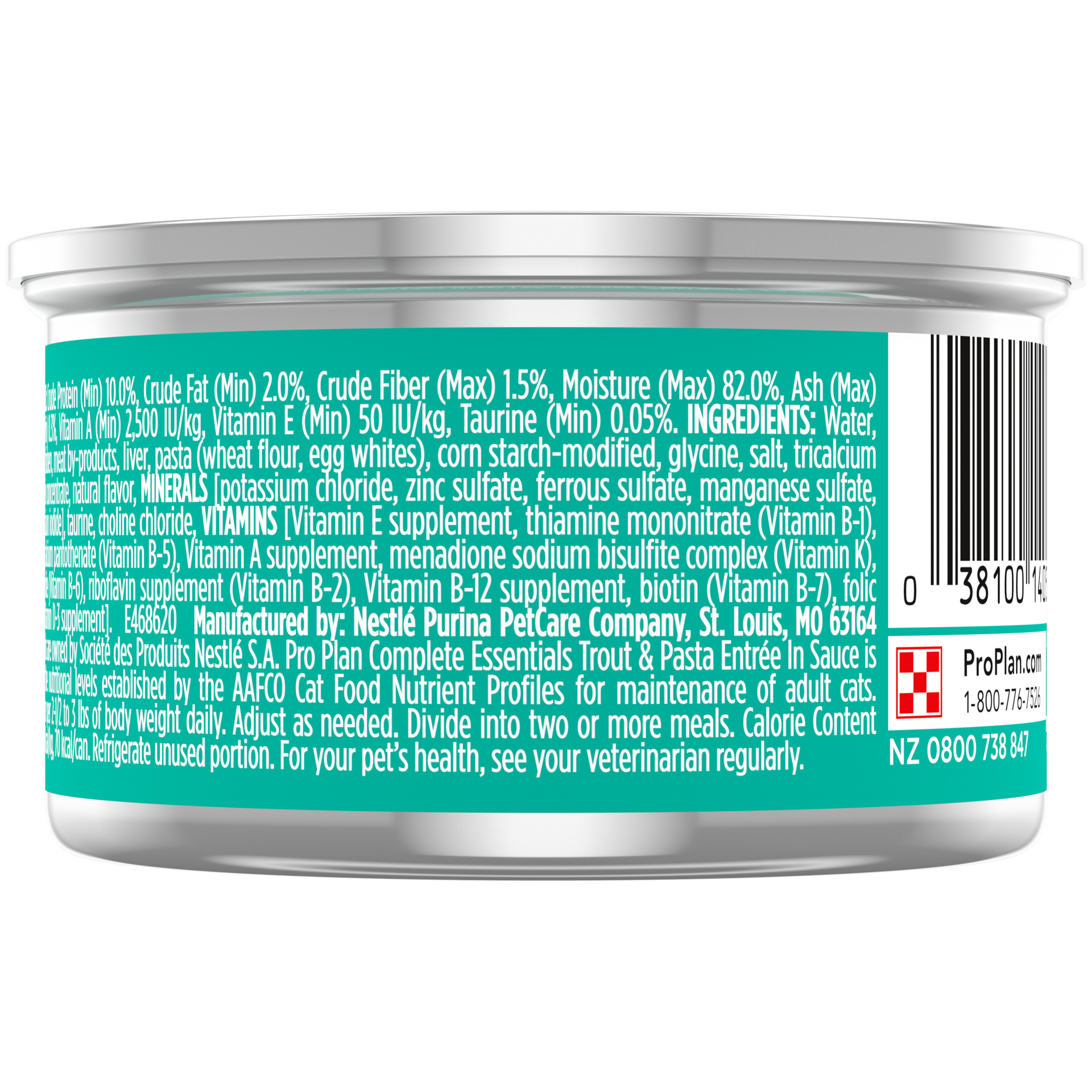 slide 2 of 2, Pro Plan Purina Pro Plan Pate, High Protein, Gravy Wet Cat Food, COMPLETE ESSENTIALS Trout & Pasta Entree in Sauce, 3 oz