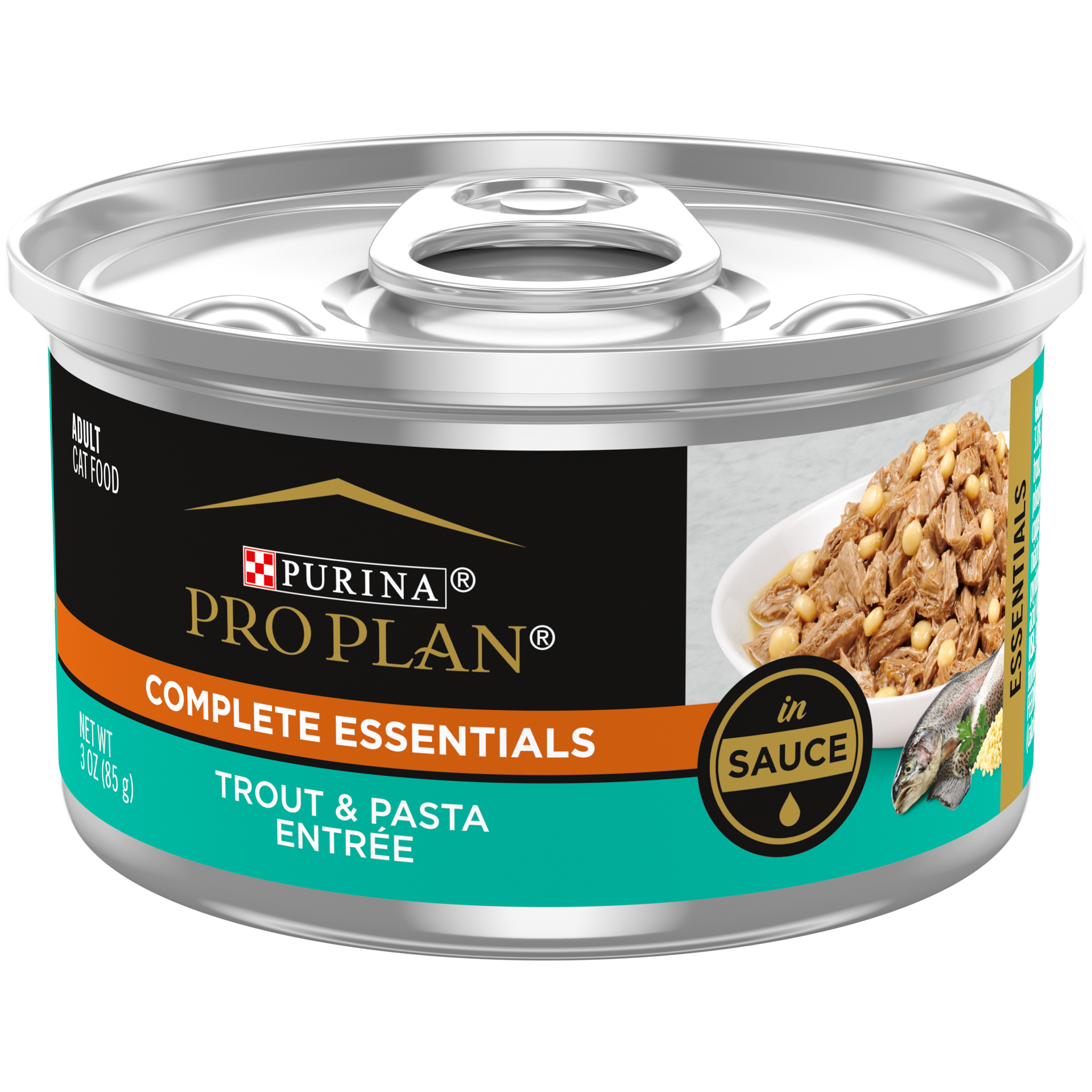 slide 1 of 2, Pro Plan Purina Pro Plan Pate, High Protein, Gravy Wet Cat Food, COMPLETE ESSENTIALS Trout & Pasta Entree in Sauce, 3 oz