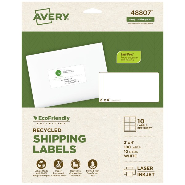 slide 1 of 9, Avery Ecofriendly Recycled Labels, Rectangle, 2"" X 4"", Matte White, Pack Of 100, 100 ct