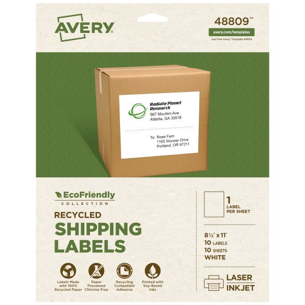 slide 1 of 8, Avery Ecofriendly Recycled Labels, Rectangle, 8-1/2"" X 11"", Matte White, Pack Of 10, 10 ct
