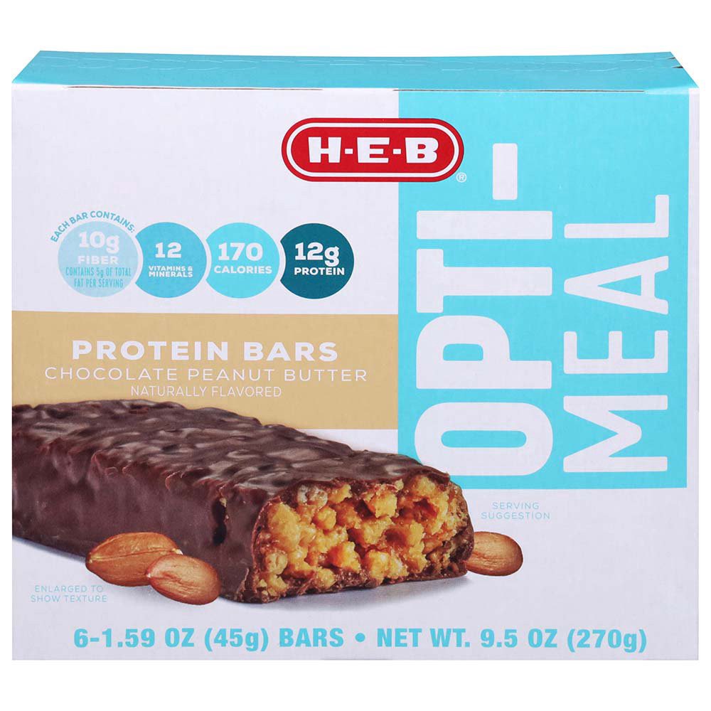 slide 1 of 1, H-E-B Opti-Meal Chocolate Peanut Butter Protein Bars, 6 ct