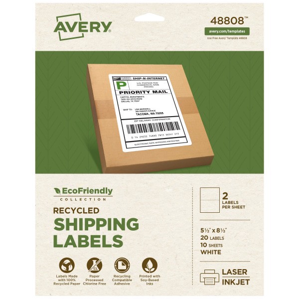 slide 1 of 8, Avery Ecofriendly Recycled Labels, Rectangle, 5-1/2"" X 8-1/2"", Matte White, Pack Of 20, 20 ct