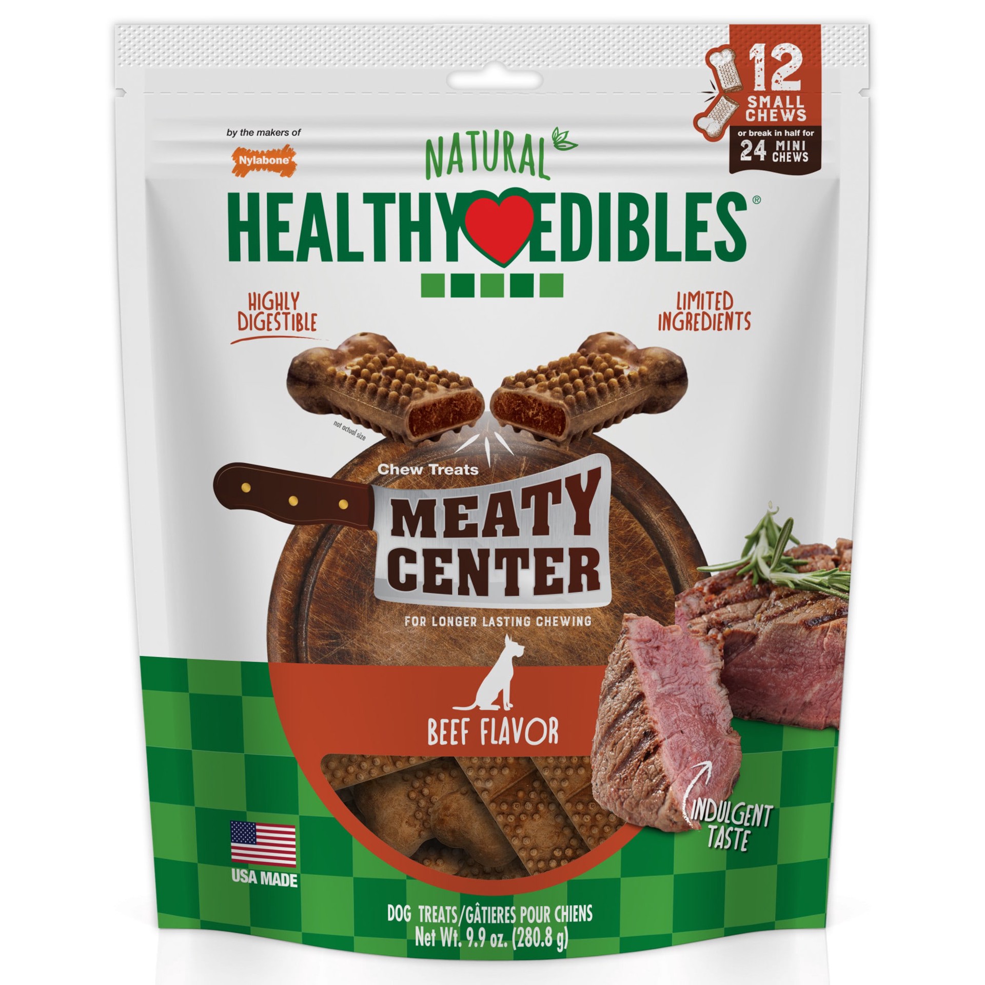 slide 1 of 10, Nylabone Healthy Edibles Meaty Center Natural Dog Treats Beef Small - Up to 30 lbs.(12 Count), 12 ct