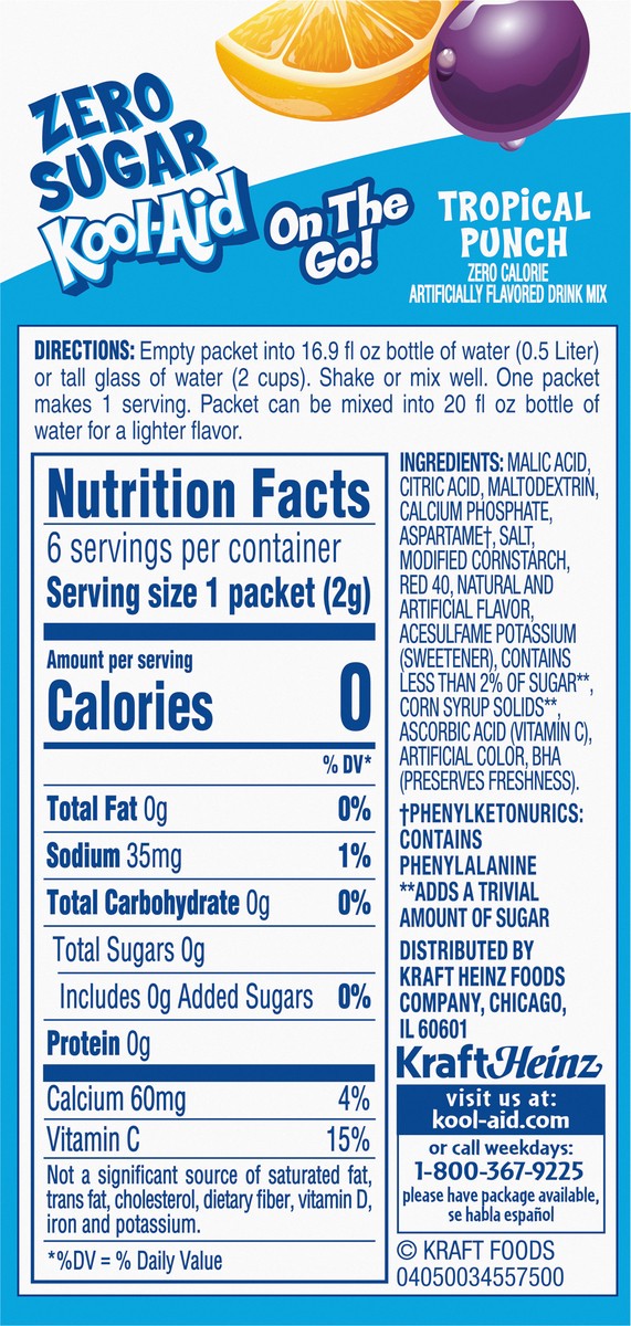 slide 9 of 9, Kool-Aid Tropical Punch Zero Sugar Powdered Soft Drink Mix, 6 ct On-the-Go-Packets, 8 per Case, 6 ct