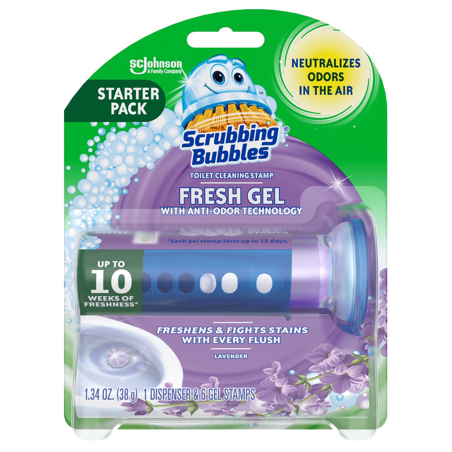 slide 1 of 4, Scrubbing Bubbles Fresh Gel Toilet Cleaning Stamp & Applicator, Lavender Scent, 6 Count, 1.34 oz