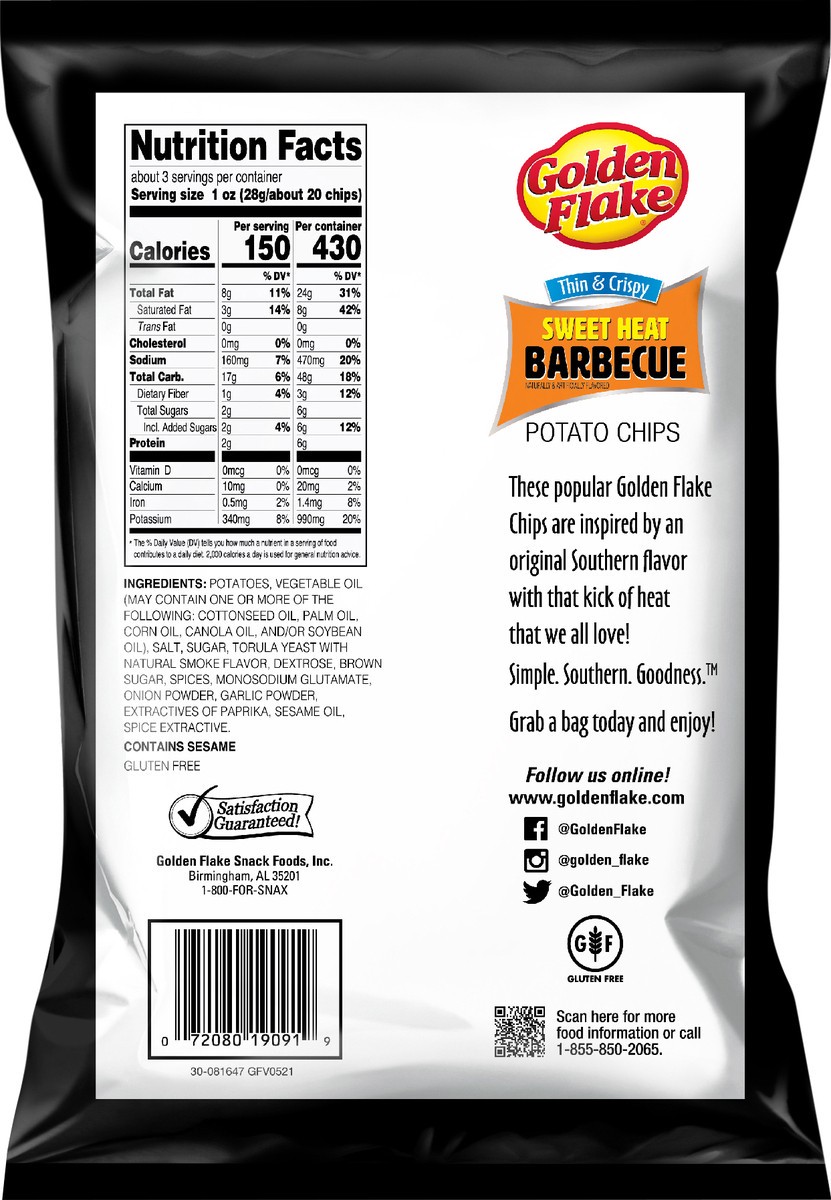 slide 5 of 11, Golden Flake Potato Chips Thin&Crispy Sweet Heat Bbq Flavor, 2.75 oz