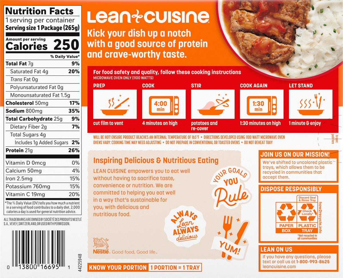 slide 2 of 14, Lean Cuisine Frozen Meal Meatloaf with Mashed Potatoes, Protein Kick Microwave Meal, Meatloaf Dinner, Frozen Dinner for One, 9.38 oz