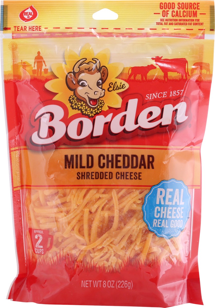 slide 1 of 9, Borden Nat Mild Cheddar Shredded, 8 oz