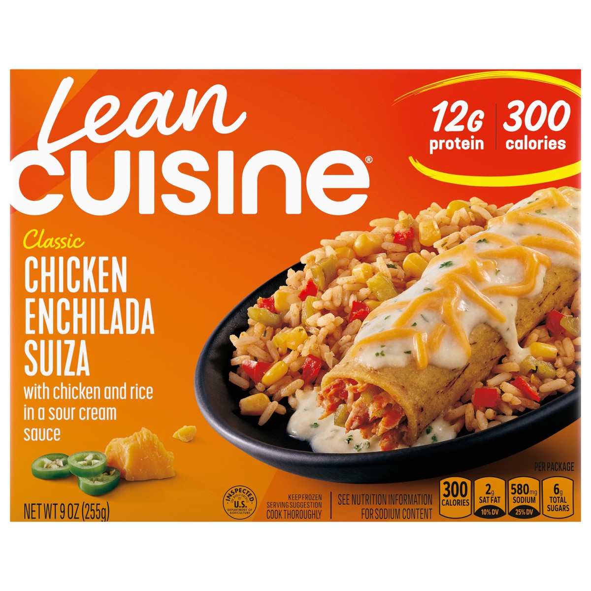 slide 1 of 9, Lean Cuisine Frozen Meal Chicken Enchilada Suiza, Comfort Cravings Microwave Meal, Frozen Chicken and Rice Dinner, Frozen Dinner for One, 9 oz