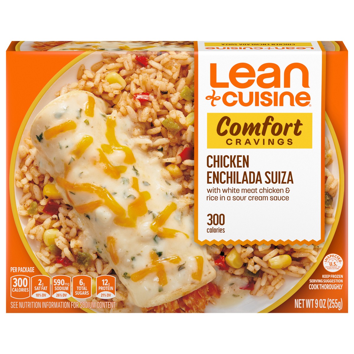 slide 1 of 9, Lean Cuisine Frozen Meal Chicken Enchilada Suiza, Comfort Cravings Microwave Meal, Frozen Chicken and Rice Dinner, Frozen Dinner for One, 9 oz
