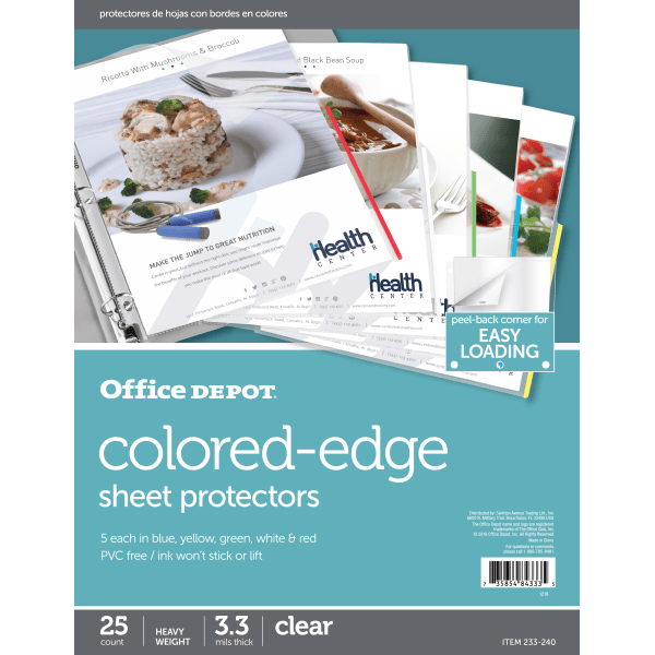 slide 1 of 2, Office Depot Brand Colored-Edge Sheet Protectors, 8-1/2'' X 11'', Clear, Pack Of 25, 25 ct