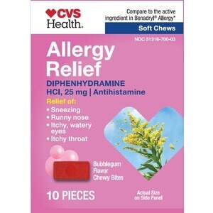 slide 1 of 1, CVS Health Allergy Relief Soft Chews, Diphenhydramine Hci 25Mg, Bubblegum Flavor, 10 Ct, 10 ct
