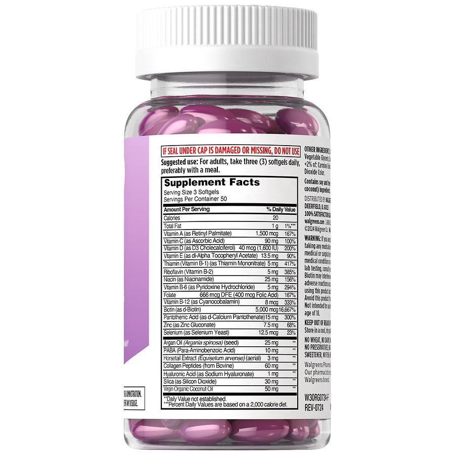 slide 4 of 4, Walgreens Hair, Skin and Nails Softgels, 150 ct