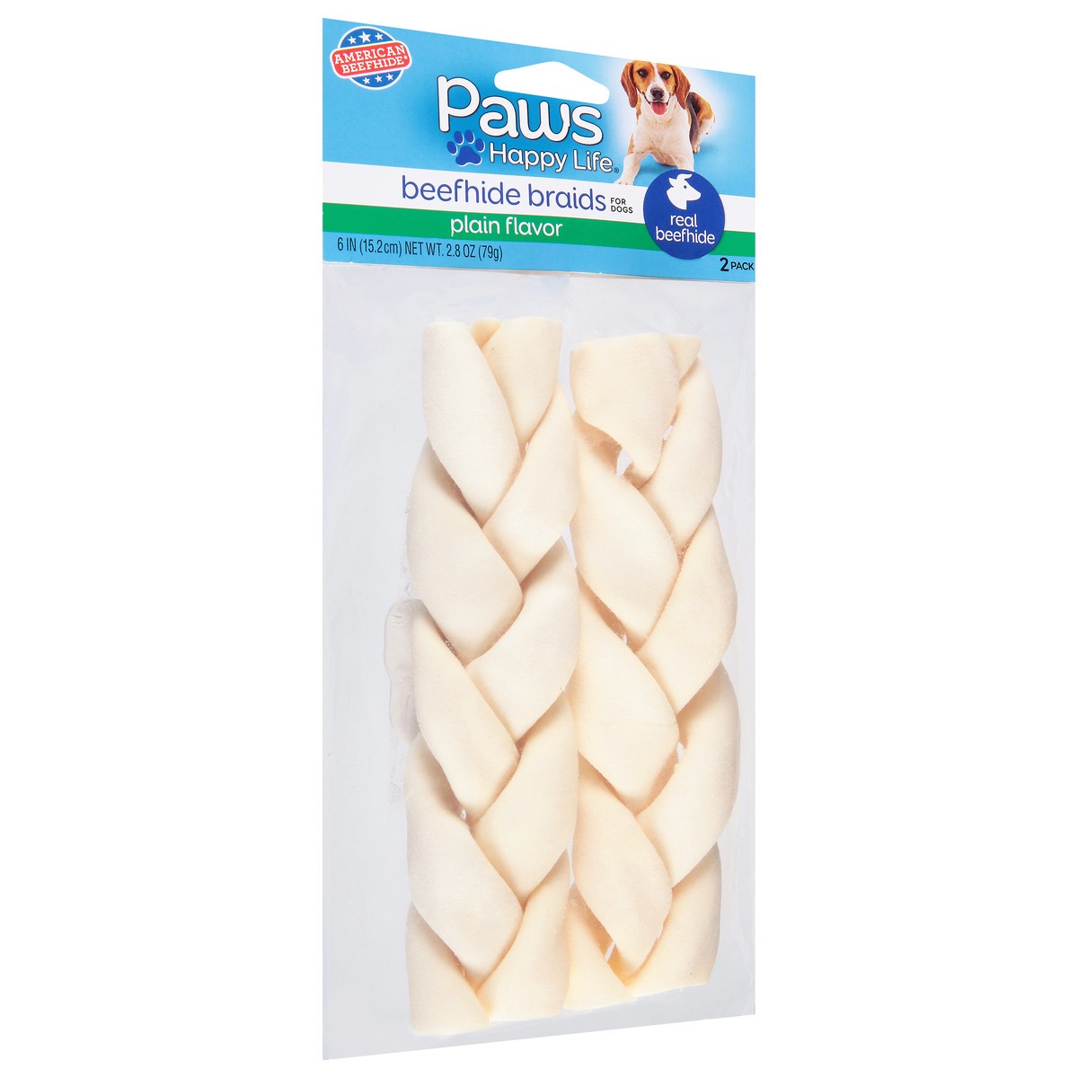 slide 2 of 9, Paws Happy Life 6 Inches Plain Flavor Beefhide Braids for Dogs 2 ea, 2 ct