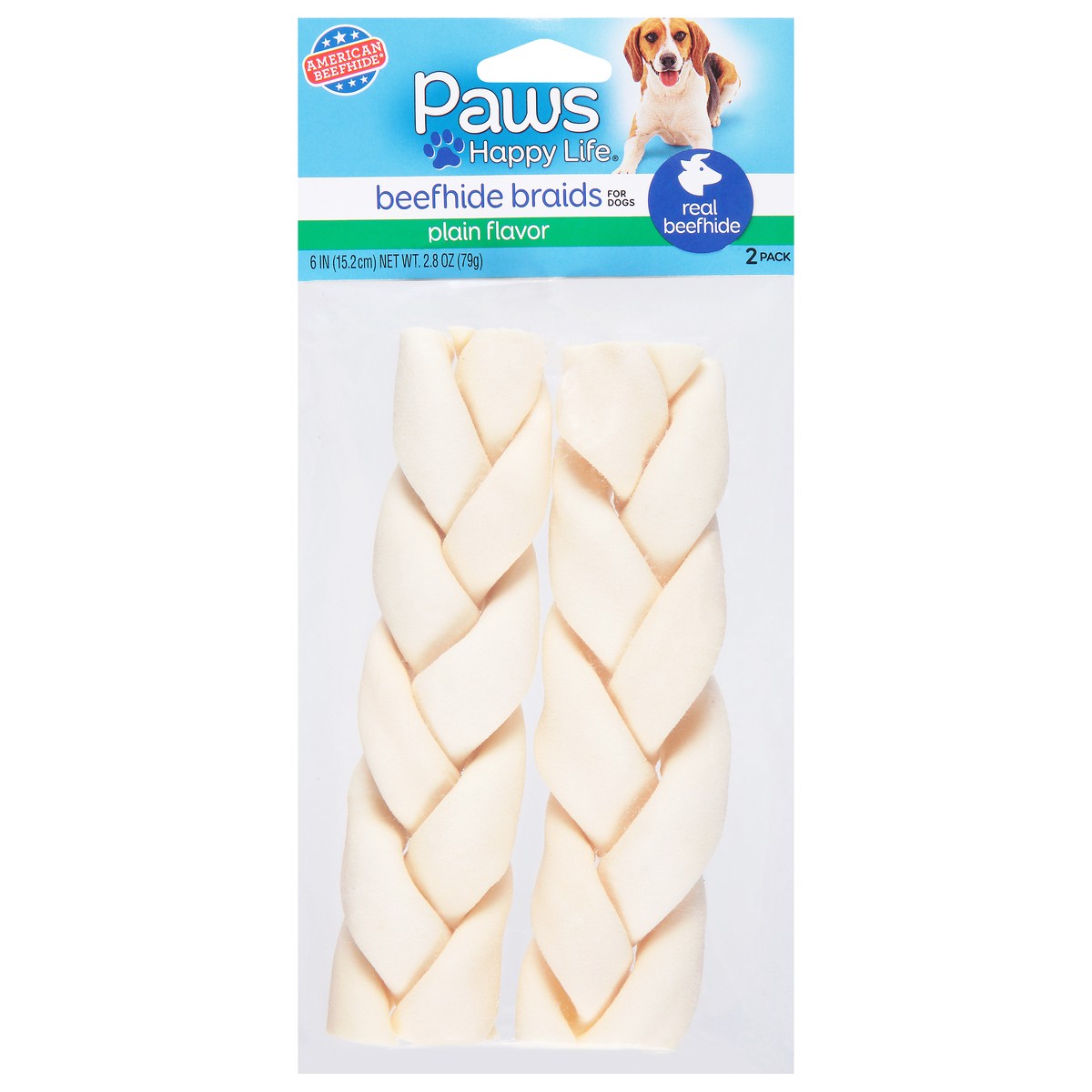 slide 1 of 9, Paws Happy Life 6 Inches Plain Flavor Beefhide Braids for Dogs 2 ea, 2 ct