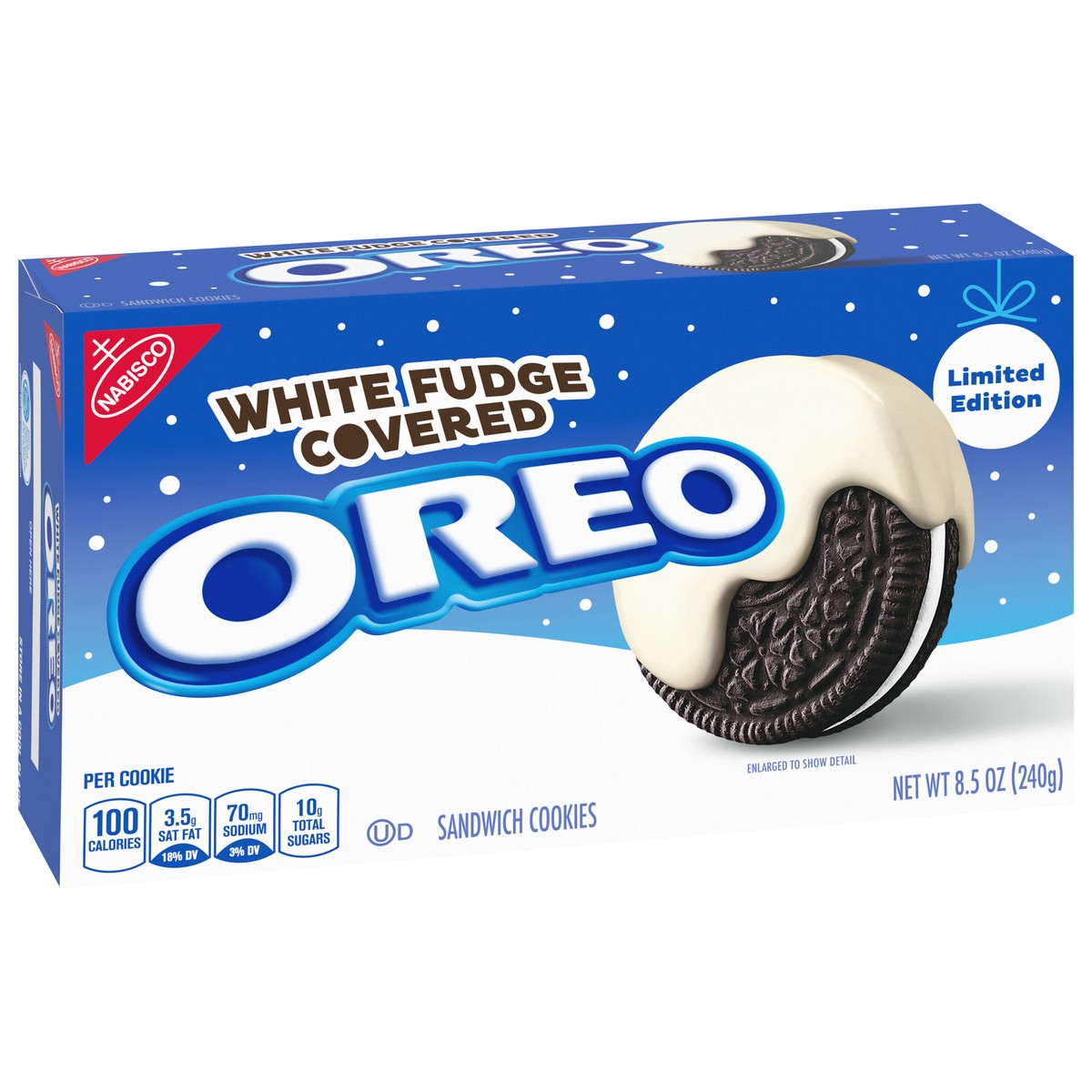 slide 2 of 9, OREO White Fudge Covered Chocolate Sandwich Cookies, Holiday Cookies, 8.5 oz, 8.5 oz